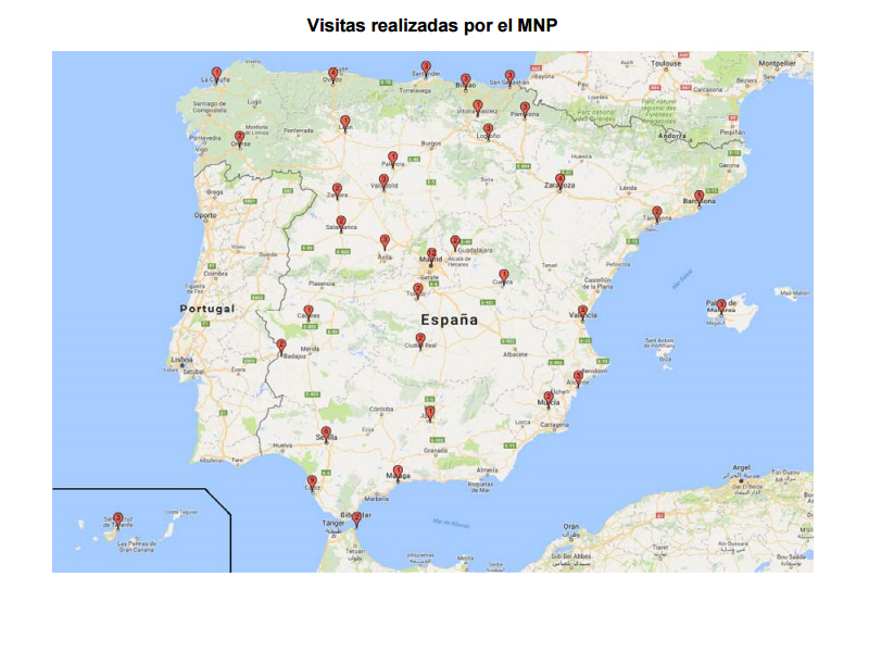 distiución geográfica de las visitas realizadas por el MNP 2016