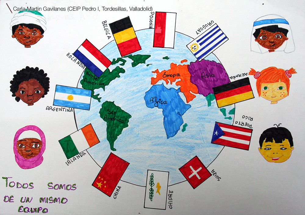 Dibujo de Carla Martín de una bola del mundo con las diferentes banderas y niños de diferentes razas sobre el texto 