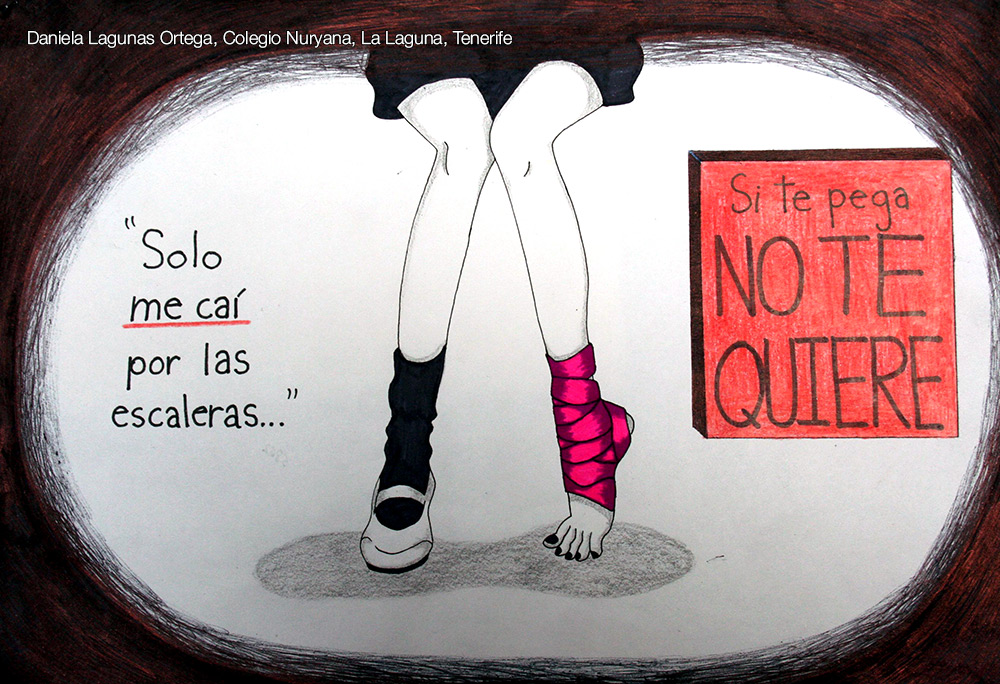 Dibujo de Daniela Laguna de unas piernas malheridas de una niña. Textos enfrentados: Solo me caí por las escaleras y Si te pega no te quiere