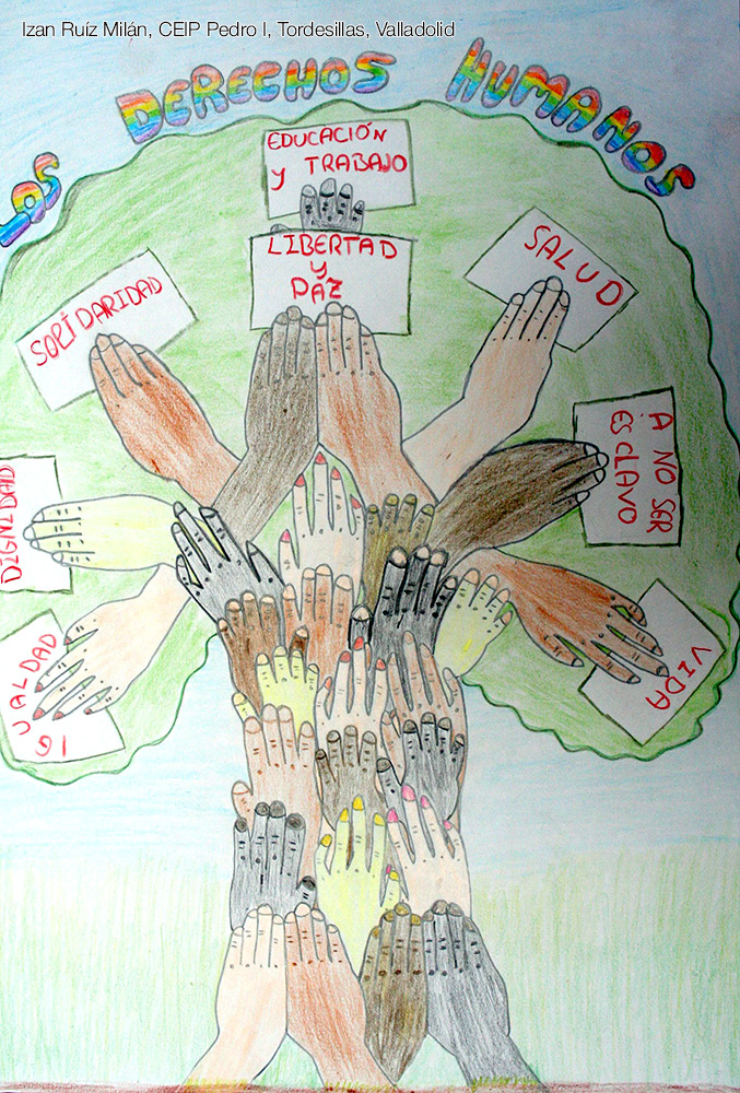 Dibujo de Izan Ruíz de un árbol cuyo tronco son manos de diferentes colores que sostienen mensajes como Salud, Vida, Dignidad, Igualdad, etc.