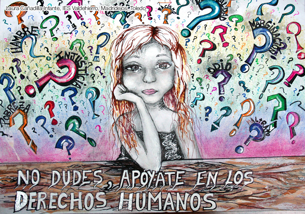 Dibujo de Laura Cañadila de una niña rodeada de interrogantes sobre el texto 