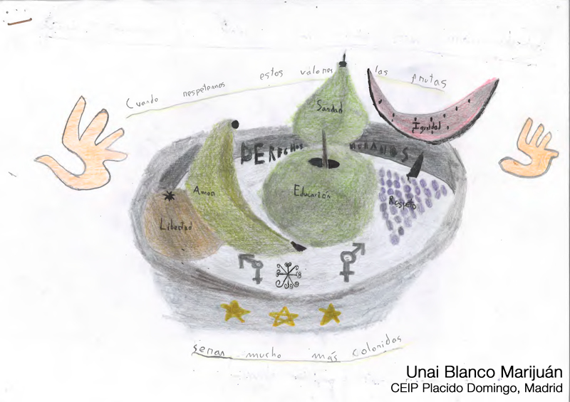 Dibujo de un cuenco lleno de frutas con colores apagados en el que en cada fruta pone un valor: Libertad, amor, educación, sanidad, igualdad y respeto. Bajo el lema: Cuando respetemos estos valores las frutas serán mucho más coloridas. Autor: Unai Blanco. CEIP Plácido Domingo, Madrid