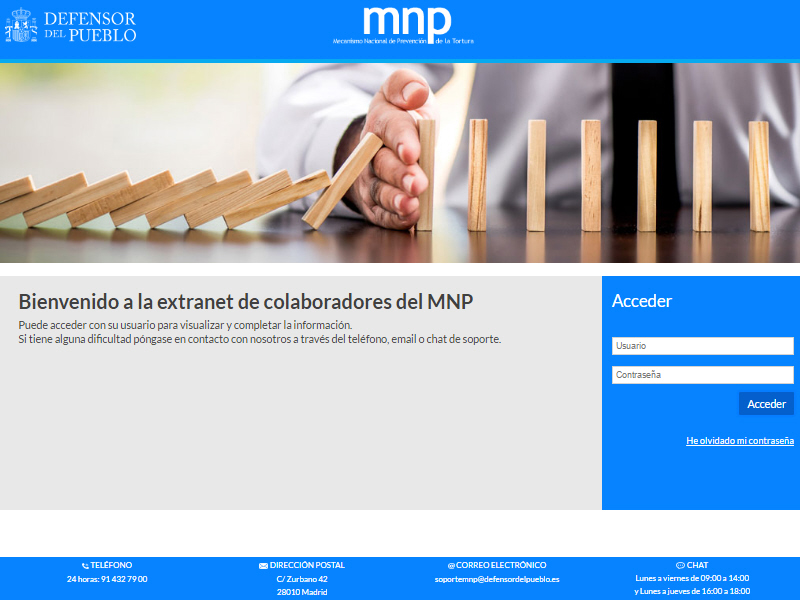 Pantallazo de la Extranet de colaboradores del Mecanismo Nacional de Pevención (MNP)