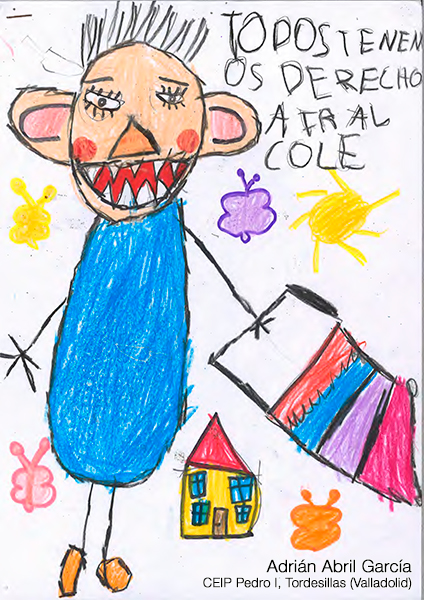 Dibujo de un niño con libro en la mano bajo el lema: Todos tienen derecho a ir al cole. Autor: Adrián Abril. CEIP Pedro I, Tordesillas (Valladolid)