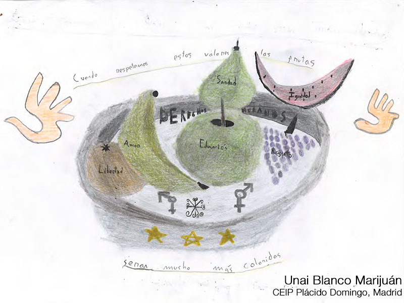 Dibujo de un frutero y en las frutas se lee: Libertad, amor, educación, sanidad, igualdad y respeto. Autor: Unai Blanco. CEIP Plácido Domingo, Madrid