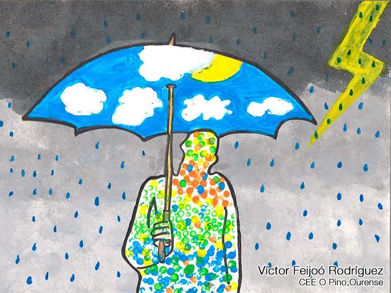 Dibujo de una silueta de un hombre cubierto bajo un paraguas en una tormenta con relámpagos. Autor: Víctor Feijóo Rodríguez del CEE Pino, Ourense