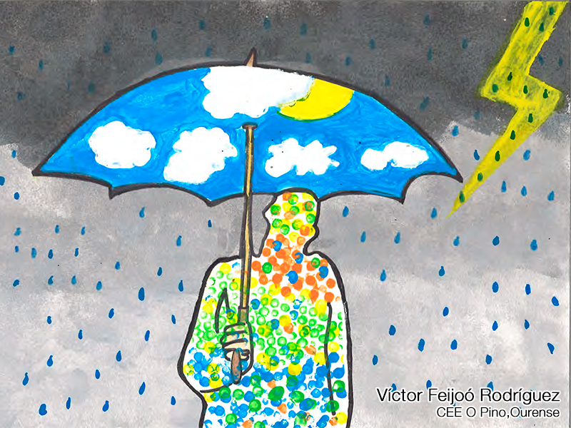 Dibujo de una silueta de un hombre cubierto bajo un paraguas en una tormenta con relámpagos. Autor: Víctor Feijóo Rodríguez del CEE Pino, Ourense