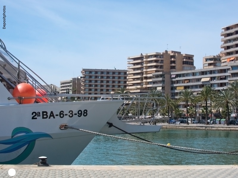 Vista de la bahía de Palma de Mallorca con edificios de apartamentos y paseo con palmeras