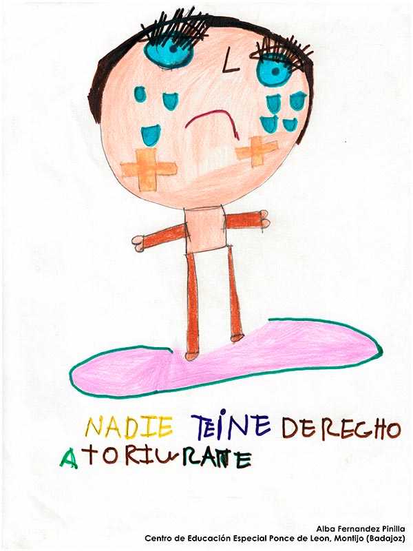 Dibujo de Alba Fernandez Pinilla: un niño con tiritas y lágrimas en el rostro. El dibujo tiene el siguiente texto: 