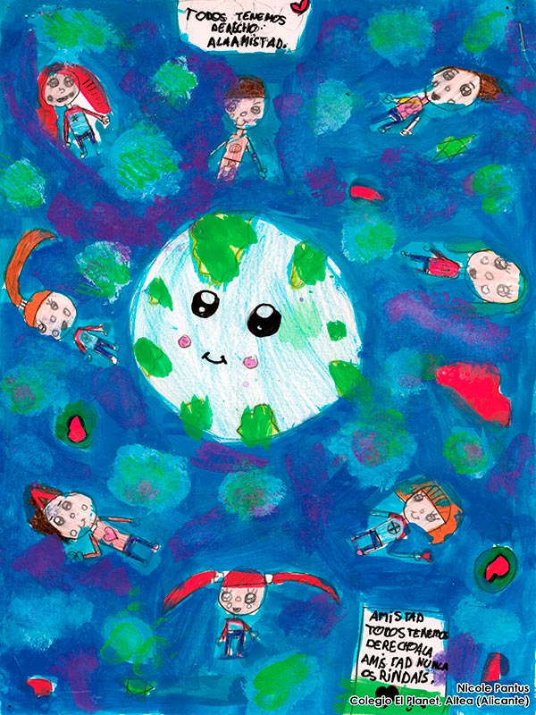 Dibujo de Nicole Pantus: un mundo rodeado de niños diferentes con el siguiente texto: 