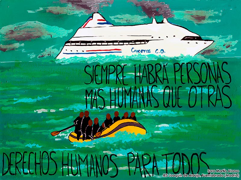 Dibujo de Sara Martin Alonso con el siguiente texto: Siempre habrá personas más humanas que otras. Derechos Humanos para todos