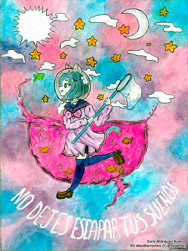 Dibujo de Sara Marquez Bueno: una chica-gata camina entre agua y estrellas con un atrapamariposas. El texto del dibujo: 