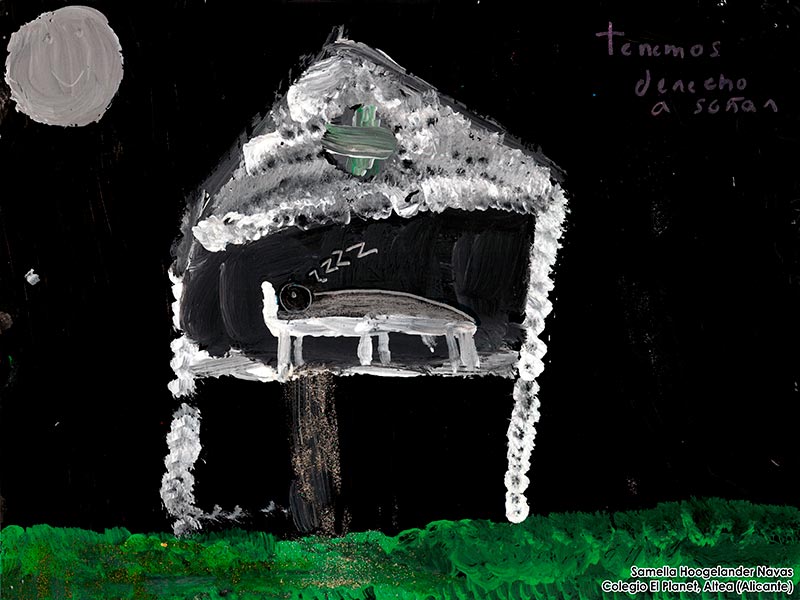 Dibujo de Shamella Hoogelander Navas: Una casa en medio de la noche con una persona durmiendo, el texto del dibujo: 