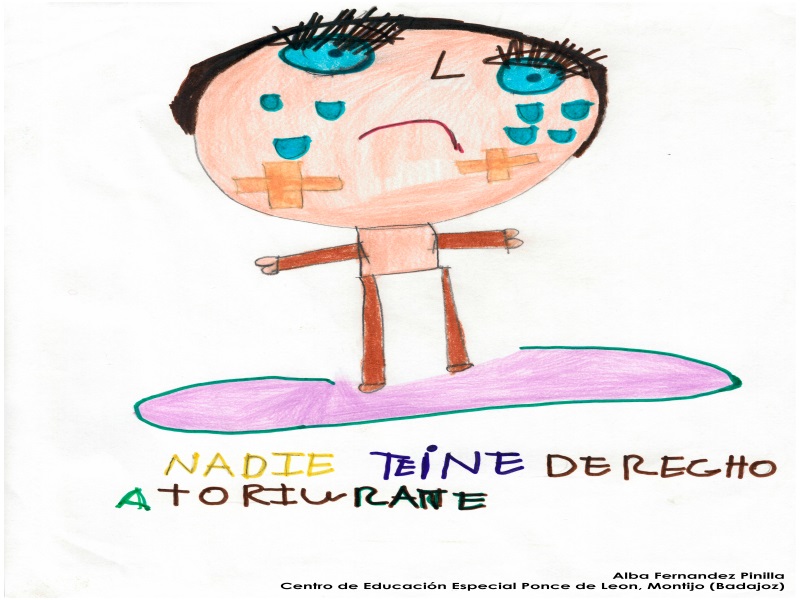 Dibujo de Alba Fernandez Pinilla: un niño con tiritas y lágrimas en el rostro. El dibujo tiene el siguiente texto: 