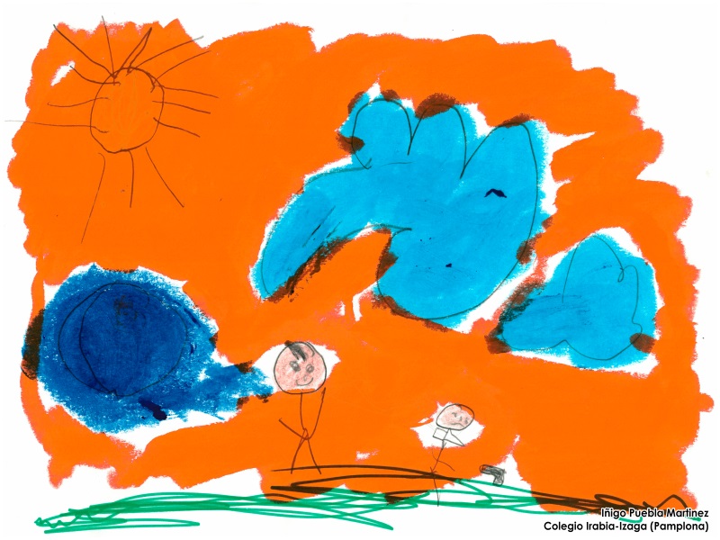 Dibujo de Iñigo Puebla Sánchez: dos niños jugando bajo el sol