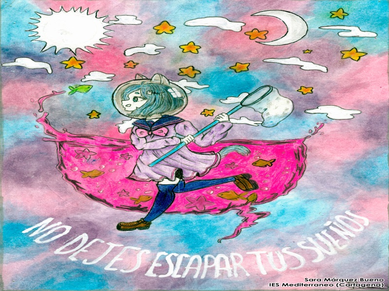 Dibujo de Sara Marquez Bueno: una chica-gata camina entre agua y estrellas con un atrapamariposas. El texto del dibujo: 