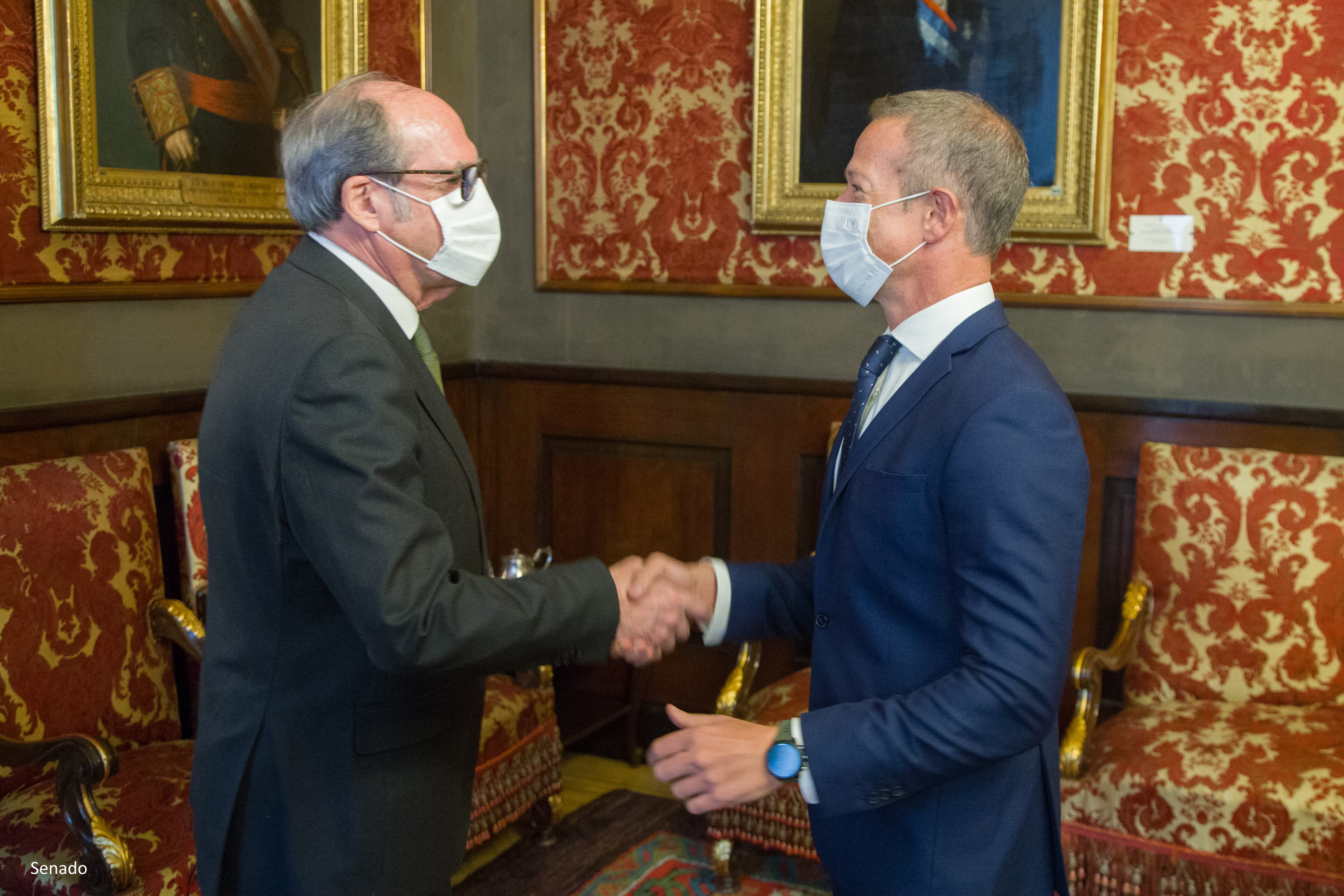 Ángel Gabilondo estrecha la mano de Ander Gil García, presidente del Senado